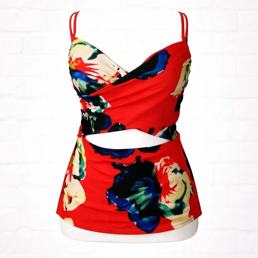 Lela Rose Cacique Tankini Womens 40D Swim Bra Red Floral Summer Vacation NEW!